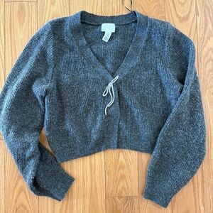 Gray V-Neck Women's cardigan with bow detail